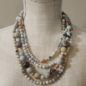 Chico's Multi Semiprecious Beaded Necklace Aqua Beige Pearl Copper Gold Tone NEW